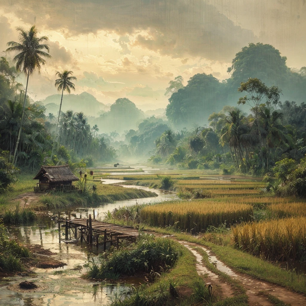 Oil paint splattered era 1960, a view of rice fields, dirt road, distant hill background, forest, coconut tree, and bamboo trees, there is grass,check,The river flows calmly and there is a wooden bridge,ferns plant, foggy morning,naturalism,Realism,very dull canvas, Affandi style, Oil paint splashes are intuitive