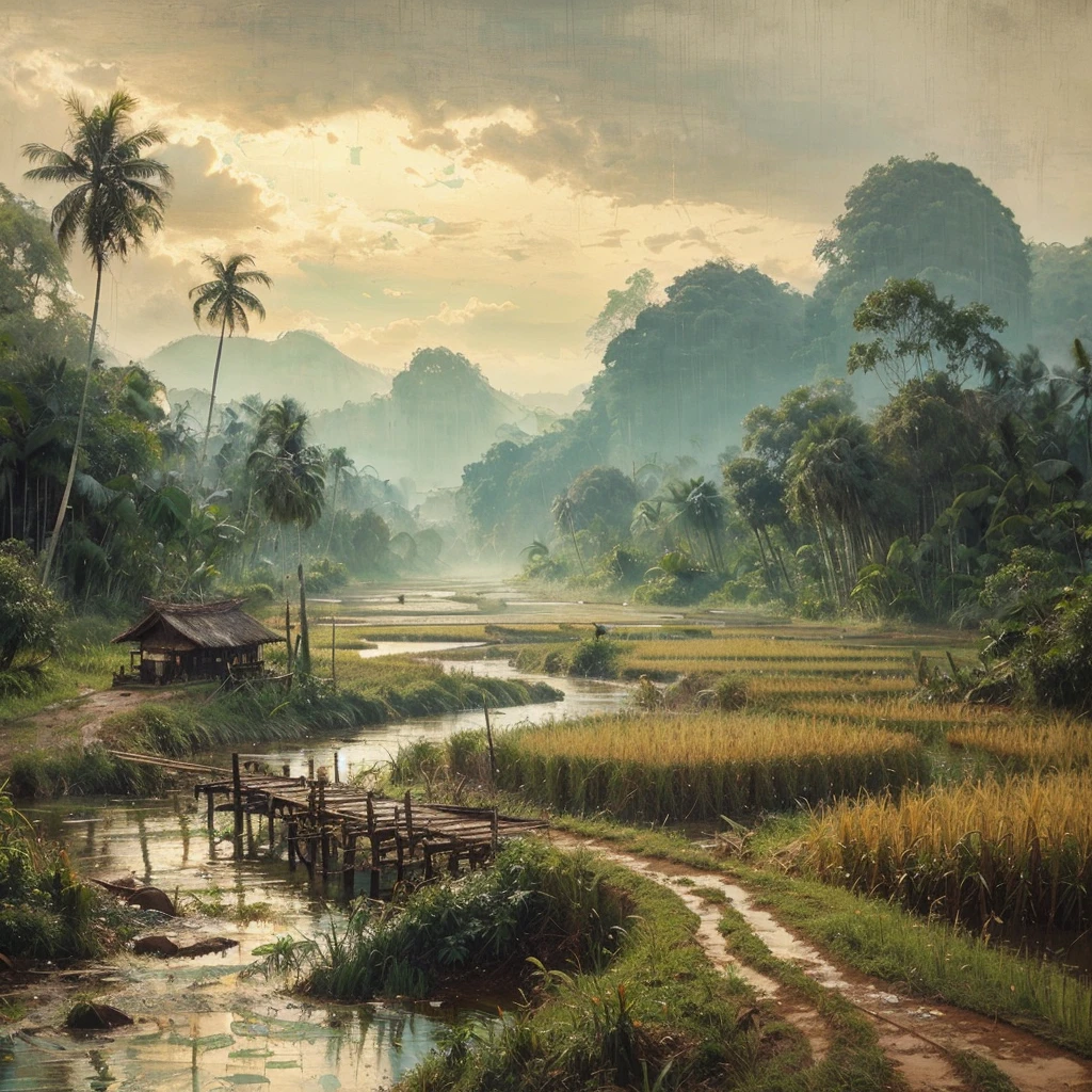Oil paint splattered era 1960, a view of rice fields, dirt road, distant hill background, forest, coconut tree, and bamboo trees, there is grass,check,The river flows calmly and there is a wooden bridge,ferns plant, foggy morning,naturalism,Realism,very dull canvas, Affandi style, Oil paint splashes are intuitive