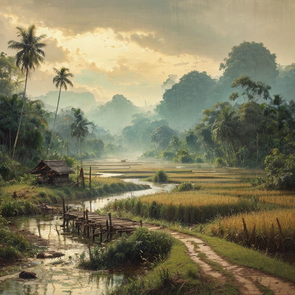 Oil paint splattered era 1960, a view of rice fields, dirt road, distant hill background, forest, coconut tree, and bamboo trees, there is grass,check,The river flows calmly and there is a wooden bridge,ferns plant, foggy morning,naturalism,Realism,very dull canvas, Affandi style, Oil paint splashes are intuitive