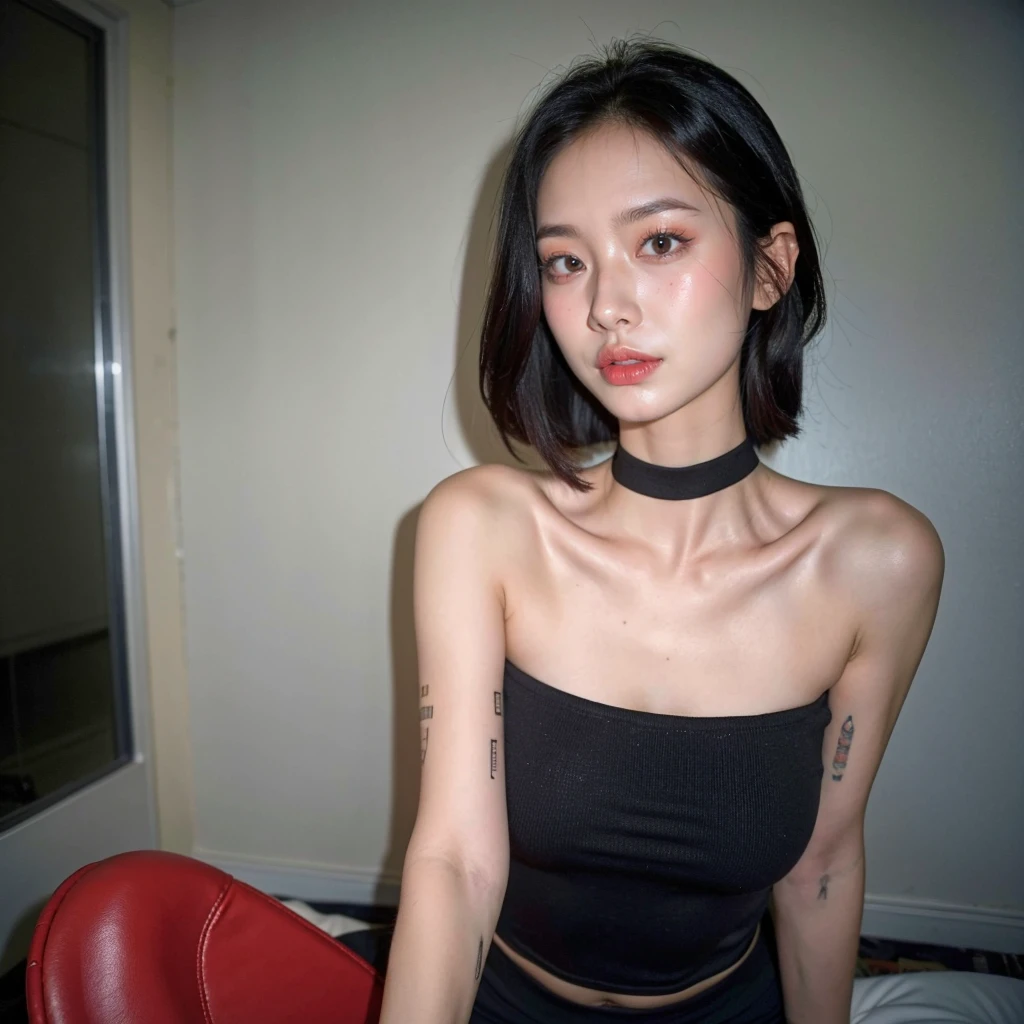 best quality, ultra high res, (photorealistic:1.4), pretty girl, strapless tanktop bra black shirt, black tight skirt, black choker, (faded ash gray hair:1), medium breasts, looking at viewer, closeup, (pretty face) , southeast asia girl. 