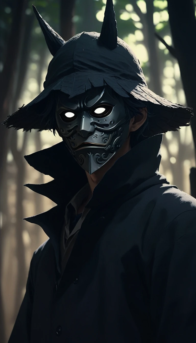 Real，４K，Man Without a Shadow，mask，(Illustration Style，Miyazaki Anime Style)