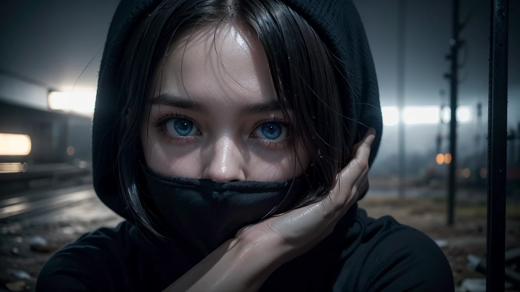 One woman in loose, lightweight black clothing, wearing a prominently visible balaclava, hanging by one hand from a rusted metal structure. She has striking blue eyes, adding to the eerie atmosphere. The background is randomly generated, adding an unpredictable element to the scene, with a sense of mystery and solitude. The image evokes a suspenseful mood, with a close-up shot, shallow depth of field, and soft, diffused lighting. Dark atmosphere, with an element of randomness in the environment.