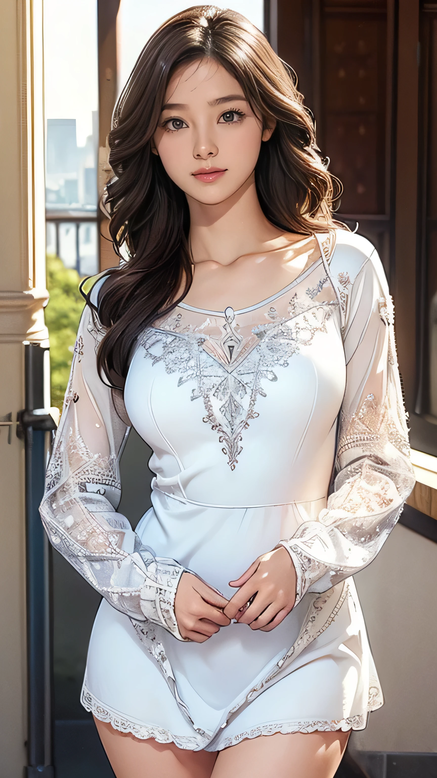 (masterpiece:1.2, Highest quality), (Realistic, photoRealistic:1.4), Beautiful illustrations, (Natural Side Lighting, Cinema Lighting), Beautiful thighs, Front view, 1 girl, high school girl, 18-year-old, Perfect Face, Symmetrical cute face, Glowing Skin, (Super long brown hair,Hair with loose waves inside、reaching down to the waist), Big eyes, long eyelashes chest), thin, expensive、 Beautiful Hair, Beautiful Face, Beautiful and beautiful eyes, Beautiful clavicle, Beautiful body, Beautiful breasts, Beautiful thighs, Beautiful feet, Beautiful fingers, (Beautiful views),Are standing, (smile, wonderful, Open your mouth),((standing gracefully:1.4))、In the hustle and bustle of the city、((A flowing white mini dress adorned with intricate silver embroidery_Long sleeve_Thin:1.3))
