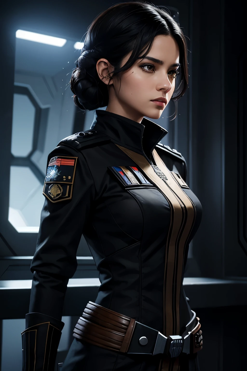 sith empire naval officer, black hair brown eyes, 1woman, beautiful, ((masterpiece)), navy, star wars, fallen order artstyle, juno eclipse, military, mid twenties in age