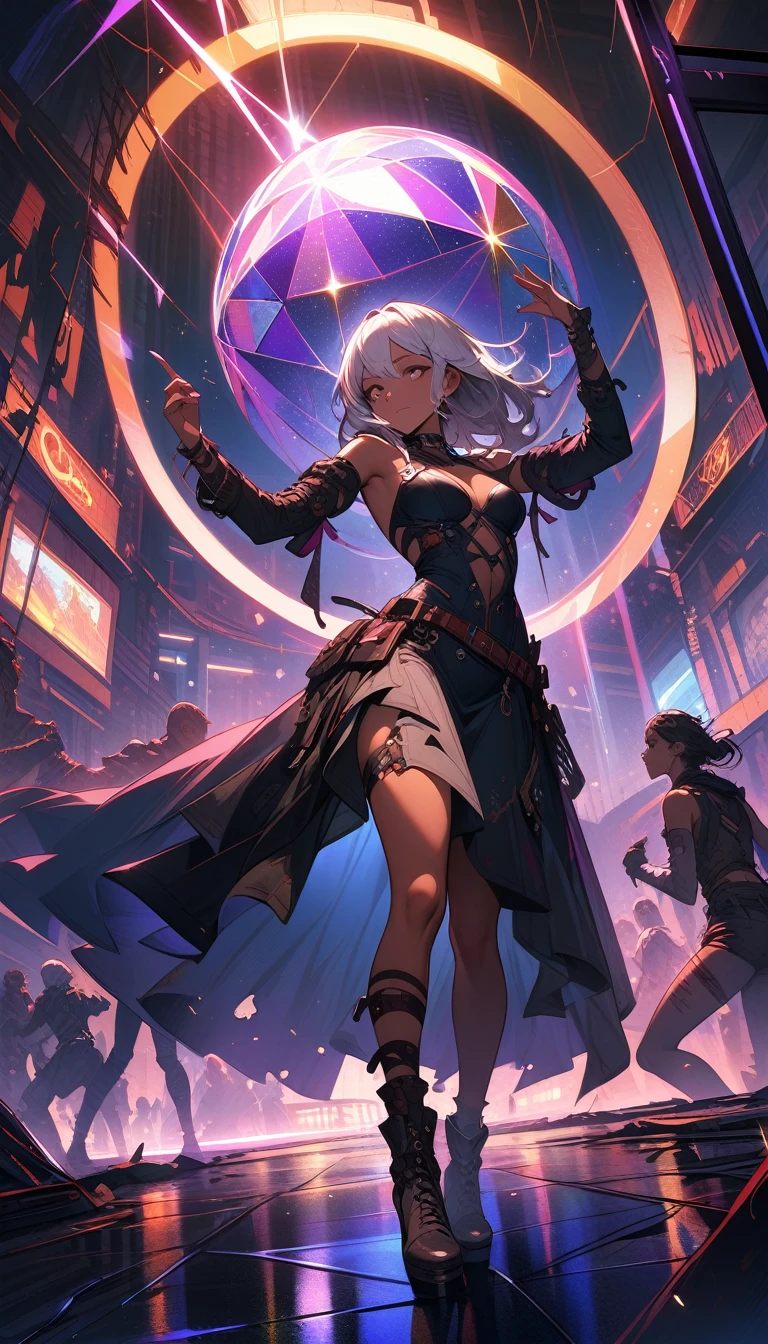 ((best quality)) , ((masterpiece)) , (detailed),A full body illustration of an African American female character in the style of Hearthstone card art, dancing on a disco dancefloor with a big glittering mirror ball overhead. She wears purple and gold and has white hair. Her hands are up as if to talk to someone, with a happy expression. The background is colorful with vibrant colors and high contrast. It is a low angle shot with a wide lens. ,Dystopian style, Inconsiderate . Bleak, post-apocalyptic, somber, dramatic, highly detailed
