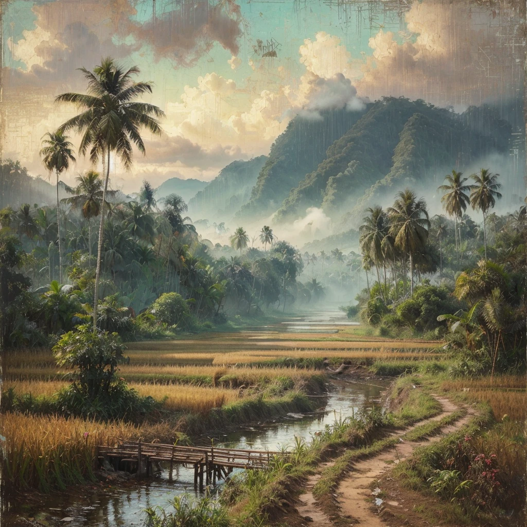 Oil paint splattered era 1960, a view of rice fields, dirt road, distant hill background, forest, coconut tree, and bamboo trees, there is grass,check,The river flows calmly and there is a wooden bridge,ferns plant, foggy morning,naturalism,Realism,very dull canvas, Affandi style, Oil paint splashes are intuitive