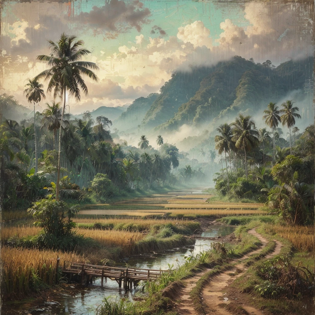 Oil paint splattered era 1960, a view of rice fields, dirt road, distant hill background, forest, coconut tree, and bamboo trees, there is grass,check,The river flows calmly and there is a wooden bridge,ferns plant, foggy morning,naturalism,Realism,very dull canvas, Affandi style, Oil paint splashes are intuitive