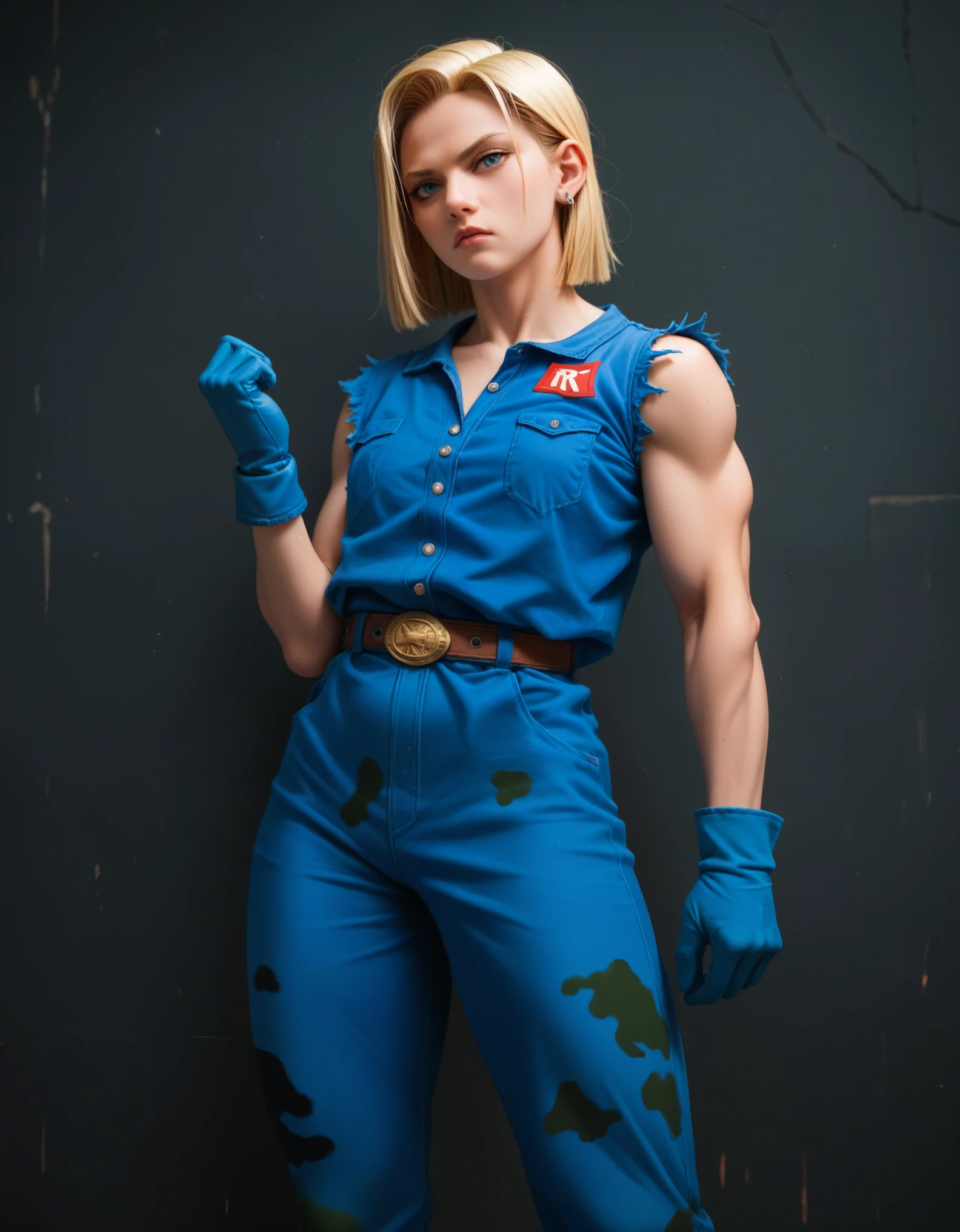 Digital illustration of an Android-18 White female character with muscular build, wearing a tight-fitting blue jumpsuit. She has long blonde hair with two braids, blue gloves. His facial expression is serious, with blue eyes and a determined look. The character's skin is light and she has green camouflage paint on her legs. The illustration is highly detailed, focusing on the character's strong physique and intense expression. anime, anatomically correct, super detail, high quality, 4K