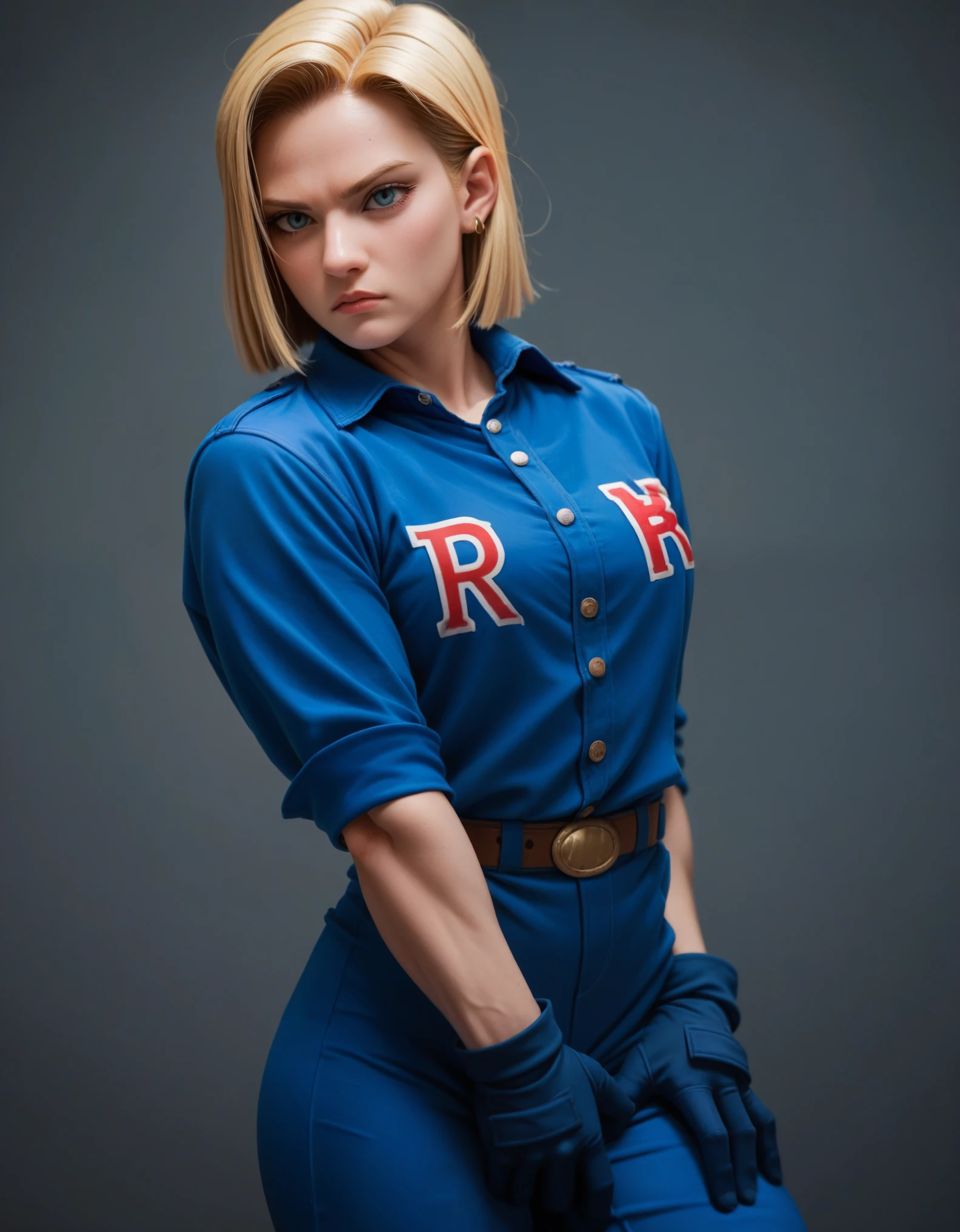 Digital illustration of an Android-18 White female character with muscular build, wearing a tight-fitting blue jumpsuit. She has long blonde hair with two braids, blue gloves. His facial expression is serious, with blue eyes and a determined look. The character's skin is light and she has green camouflage paint on her legs. The illustration is highly detailed, focusing on the character's strong physique and intense expression. anime, anatomically correct, super detail, high quality, 4K