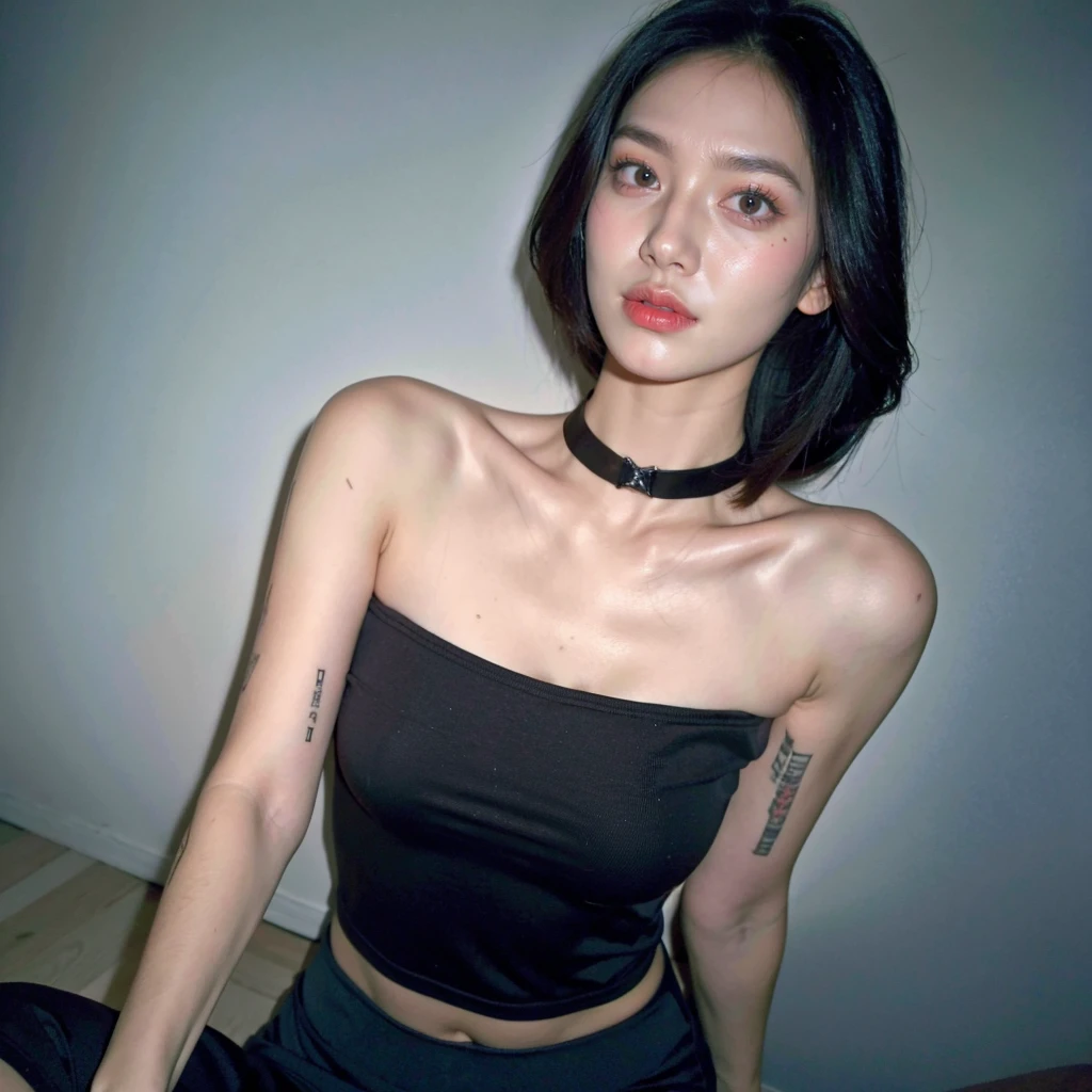 best quality, ultra high res, (photorealistic:1.4), pretty girl, strapless tanktop bra black shirt, black tight skirt, black choker, (faded ash gray hair:1), medium breasts, looking at viewer, closeup, (pretty face) , southeast asia girl.