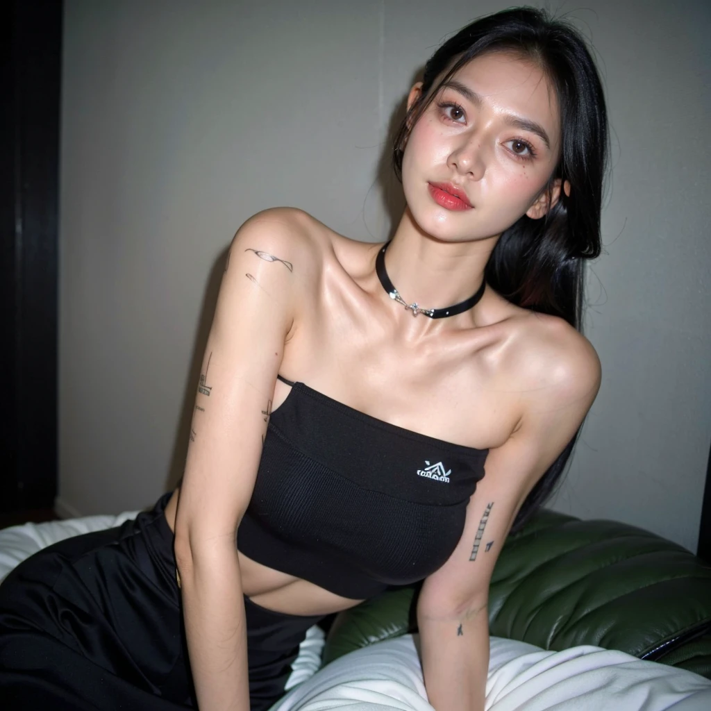 best quality, ultra high res, (photorealistic:1.4), pretty girl, strapless tanktop bra black shirt, black tight skirt, black choker, (faded ash gray hair:1), medium breasts, looking at viewer, closeup, (pretty face) , southeast asia girl. 