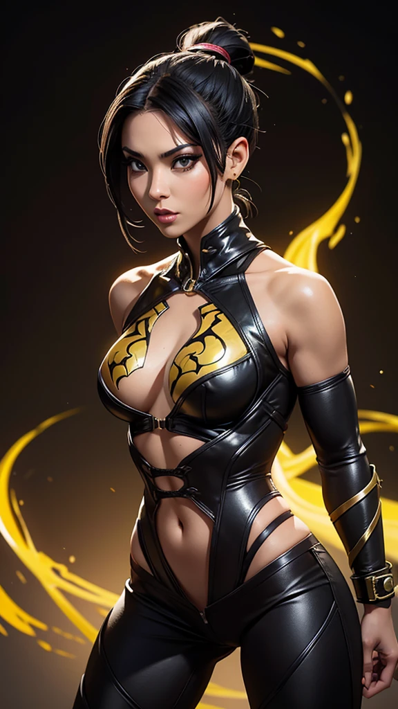 Scorpion woman version, (Mortal Kombat), sexy girl, powerful, black classic sexy suit with yellow, Young, skynny body, small and beautiful buttocks, toned abdomen, small and beautiful breasts, obscene, sensual, It's in the underworld of Japan., Dramatic background, bolas de fire en sus manos, overflows a lot of energy in your body, fiery energy particles, fire, burns everything in its path, she is kicking the air, sensual look, ojos de fire, beautiful green eyes, classic hairstyle,Hair dyed in bright blonde color, best quality,4k,8k,A high resolution,masterpiece,Ultra detailed,realistic, Photorealistic,photo realistic, ultra realistic