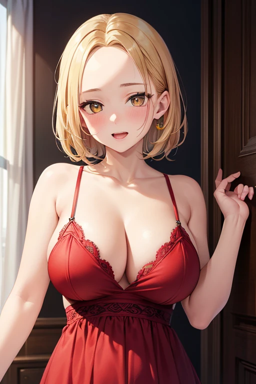 One Woman, Highest quality, masterpiece, Super Resolution, Large Breasts, Idol, Beauty, ((From the front 1.2)), Cleavage, 16K, High resolution eyes, High-resolution contours, ((Forehead visible 1.3)), Stylish, High-resolution pupils, blush, High resolution face, High resolution breasts, Ultra HD, Open your mouth, Upper Body, High resolution mouth, Sexy body, ((Cool face 1.5)), ((Hanging 1.3)), short hair, Broken bangs, Blonde, Yellow Eyes, model, Party Dresses, Mature Woman, Adult women, Beautiful clavicle, High resolution hair, Mother, maternal,
