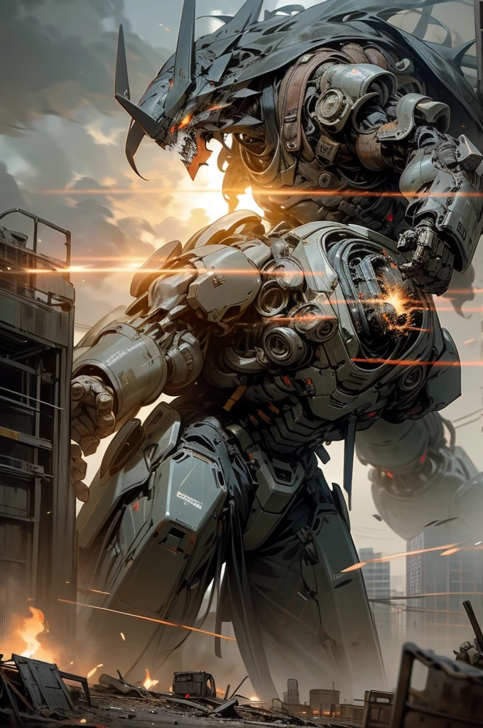 A heavily armored, bulky robot is engaged in combat in a post-apocalyptic city. The robot has a rugged, industrial design with massive, reinforced limbs and thick armor plating. Its body is equipped with large mechanical parts and heavy weaponry, including a powerful cannon mounted on one arm and a shield on the other. The robot's eyes glow a menacing red, and its stance is aggressive and imposing. The city around it is in ruins, with collapsed buildings, crumbling walls, and debris littering the ground. Smoke and fire rise from various points, adding to the chaotic and desolate atmosphere. The robot is shown in the midst of a fierce battle, with explosions and energy blasts illuminating the dark, stormy sky. The scene conveys a sense of power and destruction, highlighting the formidable nature of the robot in this war-torn setting.