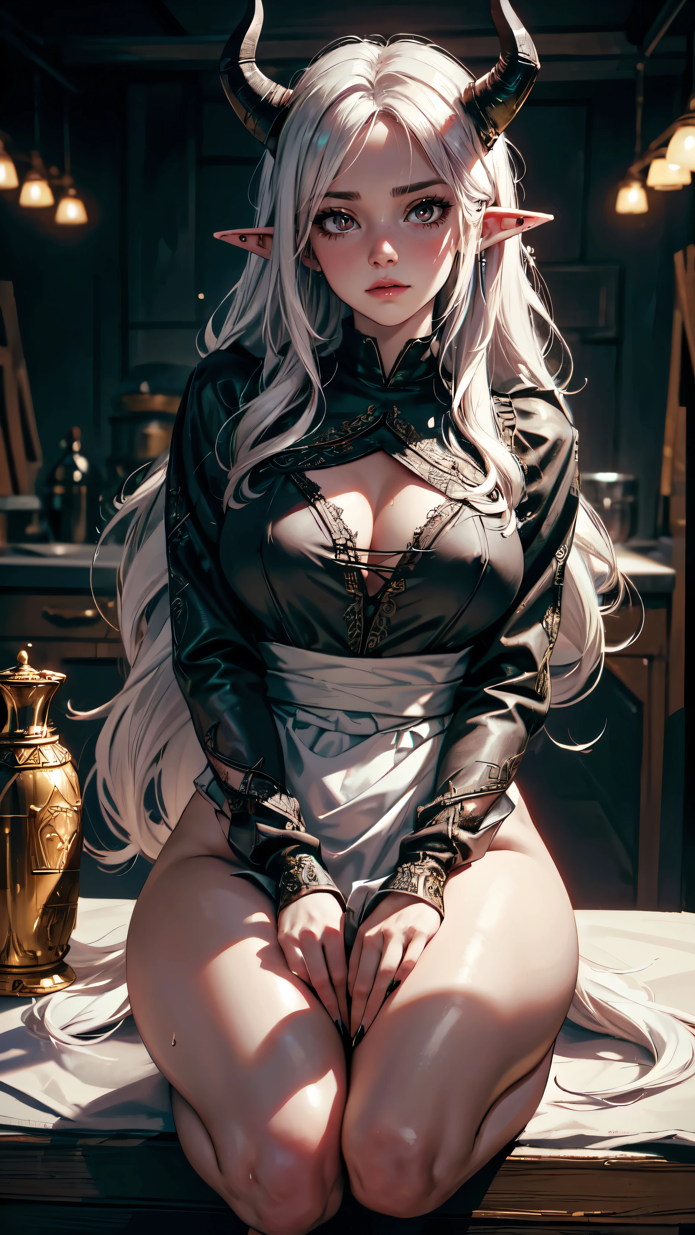 masterpiece, absurdities, (intricate details), (colorful), cinematic lighting, bust shot, extremely detailed CG unity 8k wallpaper, full apron, nude, naked apron, kitchen, blushing, looking at viewer,tall white woman, pale skin, long white hair, black clothes, blind eyes, long white dragon horns,Beautiful young white-haired woman with piercing red eyes, half smile with full lips, black nails, barbed wires everywhere (coiled black barbed wires),,sweat on her body,.detailed eyes, detaield hands, detailed face, elf woman, full body
