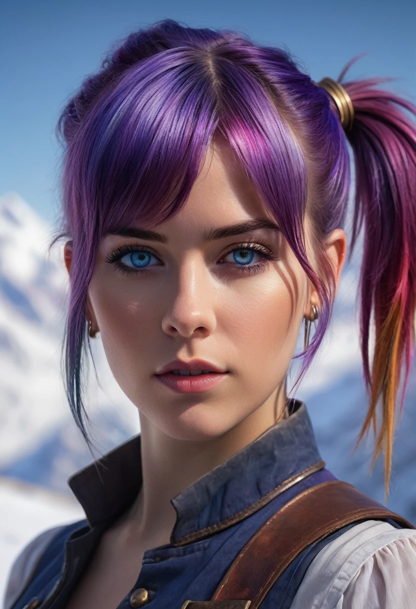 (photore_(middling):1.2), by Antonio J. Manzanedo, author：JeremyLipking, 1个Giant  Girl, looking at the camera in, (facing to audience:1.1), (photorerealistic:1.2), Hyper-realistic, photorerealism, closeup cleavage, head and shoulders, Purple hair with rainbow stripes, short detailed hair, pony tails, By bangs, eBlue eyes, Friendly, eyeslashes, steampunc, Sleeveless, subsurface skin scattering, snowy mountain background, 对称, depth of fields, 8K, vfx, HighDynamicRange, real time transmission