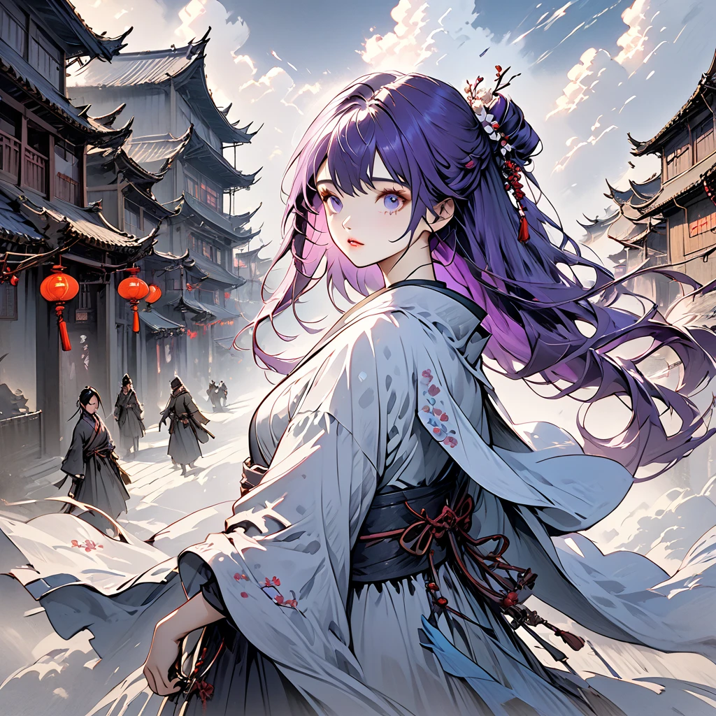 a girl in a cloak, white long messy hair with purple hair tip and blue inner hair color, beautiful detailed eyes,beautiful detailed lips,extremely detailed eyes and face,longeyelashes,perfect body proporsion, dreamy chinese town, ancient chinese town, sekiro in bloodborne world, 4k resolution, concept art, chinese city, 4k concept art, feng zhu concept art, cinematic lighting, dramatic atmosphere, moody lighting, dynamic pose, intricate details, hyper realistic, muted color palette, atmospheric fog, volumetric lighting