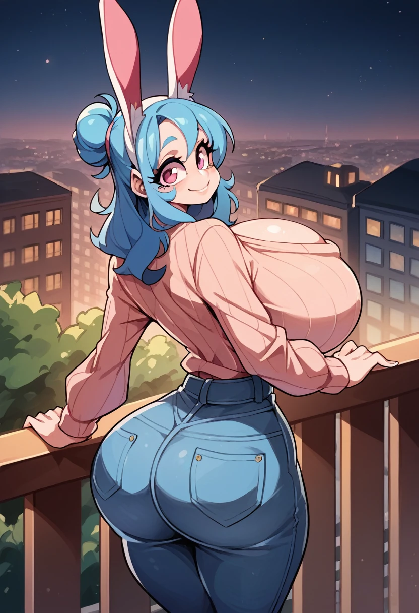 (huge breasts:1.4)(masterpiece) (high quality) (best quality) (1girl), (solo), narrow waist, (looking back at viewer), huge ass, real bunny ears, blue hair, sweater, jeans, balcony, night, cityscape, pink eyes, smile
