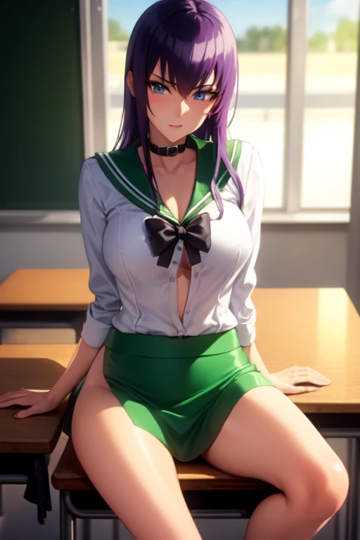 purple hair, blue eyes, sitting in class at the desk with legs crossed, sexy facial expression, wearing a very mini green skirt, wearing a school shirt with a green collar with an open chest so that a little purple bra can be seen, has a body and beautiful thighs and whole legs, sexy and plump, quiet classroom atmosphere, slightly sky blue lighting, point of view diagonally to the left