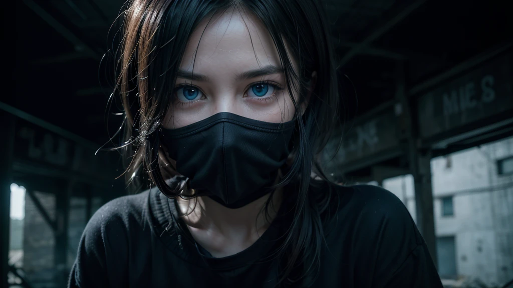 One woman in loose, lightweight black clothing, wearing a prominently visible balaclava, hanging by one hand from a rusted metal structure. She has striking blue eyes, adding to the eerie atmosphere. The background is randomly generated, adding an unpredictable element to the scene, with a sense of mystery and solitude. The image evokes a suspenseful mood, with a close-up shot, shallow depth of field, and soft, diffused lighting. Dark atmosphere, with an element of randomness in the environment.