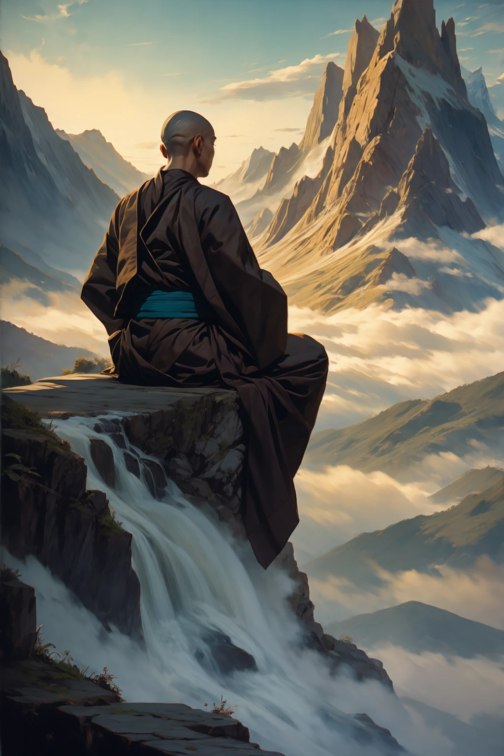 A monk mediating sitting, sky, mountains, fog, symmetry and balance