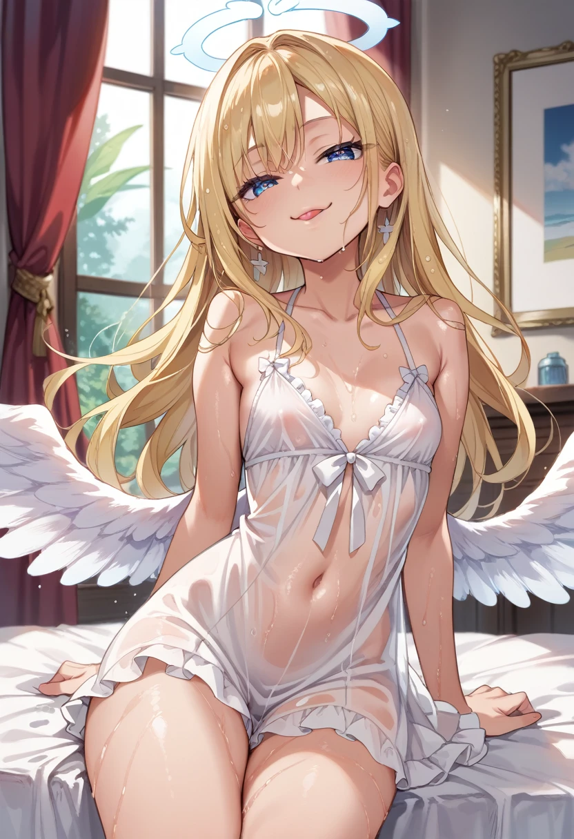 Score_9, score_8_up, 4k, 8k, detailed face, source_anime, smug angel girl with small breasts, pretty girl, thick thighs, blonde hair, long hair, (butakoma 300g), angel wings, white outfit, white doll, see-through outfit, inside heaven, wet tongue,