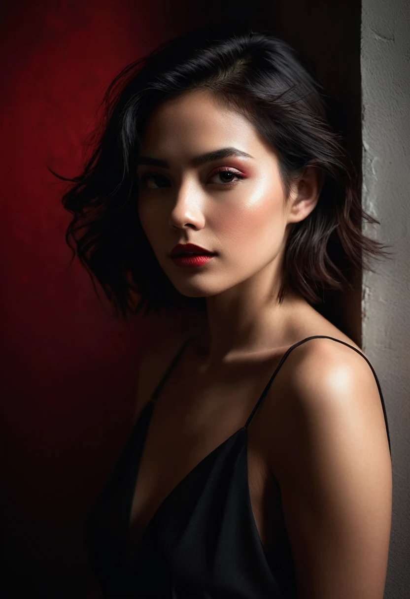 woman bathed in soft light, leaning against a wall, looking into the camera in a moment of raw emotion. Her attire is minimal, accentuating her beauty with the dramatic shadows cast by the lighting. The background is stark, with sharp contrasts highlighting the contours of her form. The red and black palette intensifies the mood, evoking a sense of mystery and allure. Subtle film grain and meticulous shading add depth and texture, emphasizing the emotional gravity of the scene. The lighting creates a chiaroscuro effect, accentuating her expressive pose and the intense atmosphere.