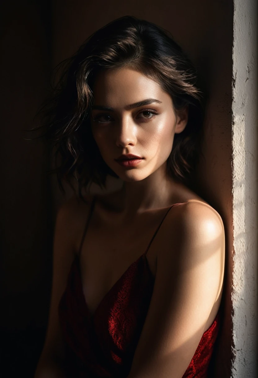 woman bathed in soft light, leaning against a wall, looking into the camera in a moment of raw emotion. Her attire is minimal, accentuating her beauty with the dramatic shadows cast by the lighting. The background is stark, with sharp contrasts highlighting the contours of her form. The red and black palette intensifies the mood, evoking a sense of mystery and allure. Subtle film grain and meticulous shading add depth and texture, emphasizing the emotional gravity of the scene. The lighting creates a chiaroscuro effect, accentuating her expressive pose and the intense atmosphere.