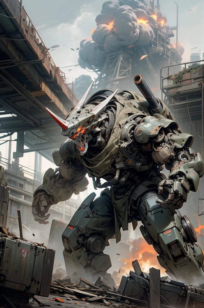 A heavily armored, bulky robot is engaged in combat in a post-apocalyptic city. The robot has a rugged, industrial design with massive, reinforced limbs and thick armor plating. Its body is equipped with large mechanical parts and heavy weaponry, including a powerful cannon mounted on one arm and a shield on the other. The robot's eyes glow a menacing red, and its stance is aggressive and imposing. The city around it is in ruins, with collapsed buildings, crumbling walls, and debris littering the ground. Smoke and fire rise from various points, adding to the chaotic and desolate atmosphere. The robot is shown in the midst of a fierce battle, with explosions and energy blasts illuminating the dark, stormy sky. The scene conveys a sense of power and destruction, highlighting the formidable nature of the robot in this war-torn setting.HERO Robot,masterpiece,best quality,super fine illustration,8k,