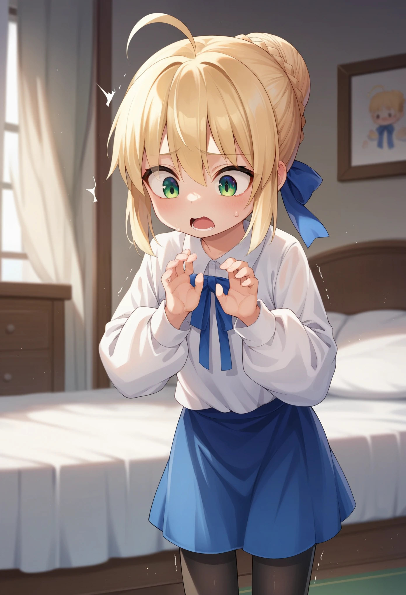 score_9,score_8_up,score_7_up, 1girl, solo, (****:1.5),  kid, kid body, flat chest, character: artoria_pendragon_(fate), character: saber_(fate), green_eyes, hair_between_eyes, blonde_hair, short_hair, single_hair_bun, ahoge, braid, braided_bun, hair_bun, hair_ribbon, sidelocks, shirt, white_shirt, blue_ribbon, long_sleeves, ribbon, single closed eye, blue_skirt, (black pantyhoses), shocking, shocked face, screaming, stiff hands, oversized shirt, oversized sleeves, hands coveried by sleeves, shaking, leaning, forward, sweating, standing, looking down, indoor, bedroom, from frontal
