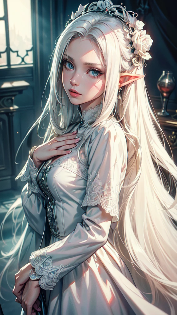 (masterpiece, sidelighting, finely detailed beautiful eyes: 1.2), 3d face, realistic, perfect face, masterpiece, highest quality, approaching perfection, (perfect face:1.1), (high detail:1.1), dramatic, (woman), pale skin, (long pure white hair:1.4), white eyes, solo, long hair, white luxury fur coat, white dress, snob, albino, Luminous Studio graphics engine, pouty lips, volumetric lighting, detailed eyes, (8k wallpaper masterpiece), hyper detailed, intricately detailed, overwhelmingly pixel perfect, roses, fashion, on side, looking at viewer,sweat on her body,.detailed eyes, detaield hands, detailed face, elf woman, full body
