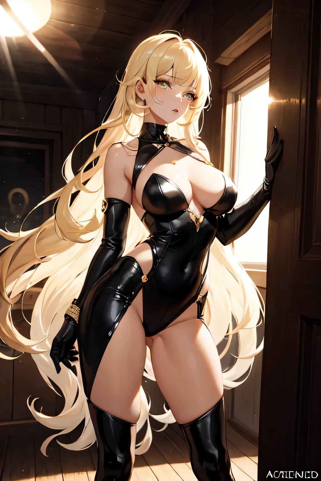 Girl, 21 Years old,  looks, sun-kissed hair that falls just below her shoulders and bright amber eyes that seem to glow with the essence of sunlight. She wears a sleek, dark outfit designed for stealth, accented with golden details that symbolize her connection to the sun. 