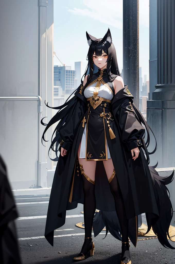 1woman, tall, black hair, gold eyes, wolf ears, wolf tail, standing on ground, high res, ultra sharp, 8K, masterpiece