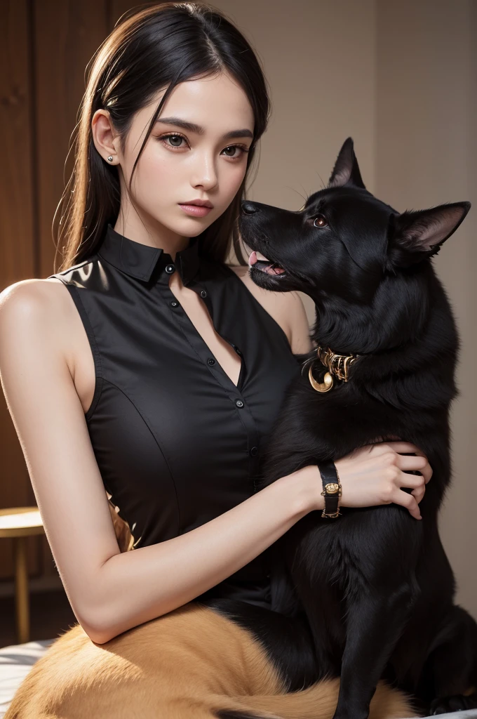 1 black shirt with details, sleeveless, golden collar, of time, com animal 