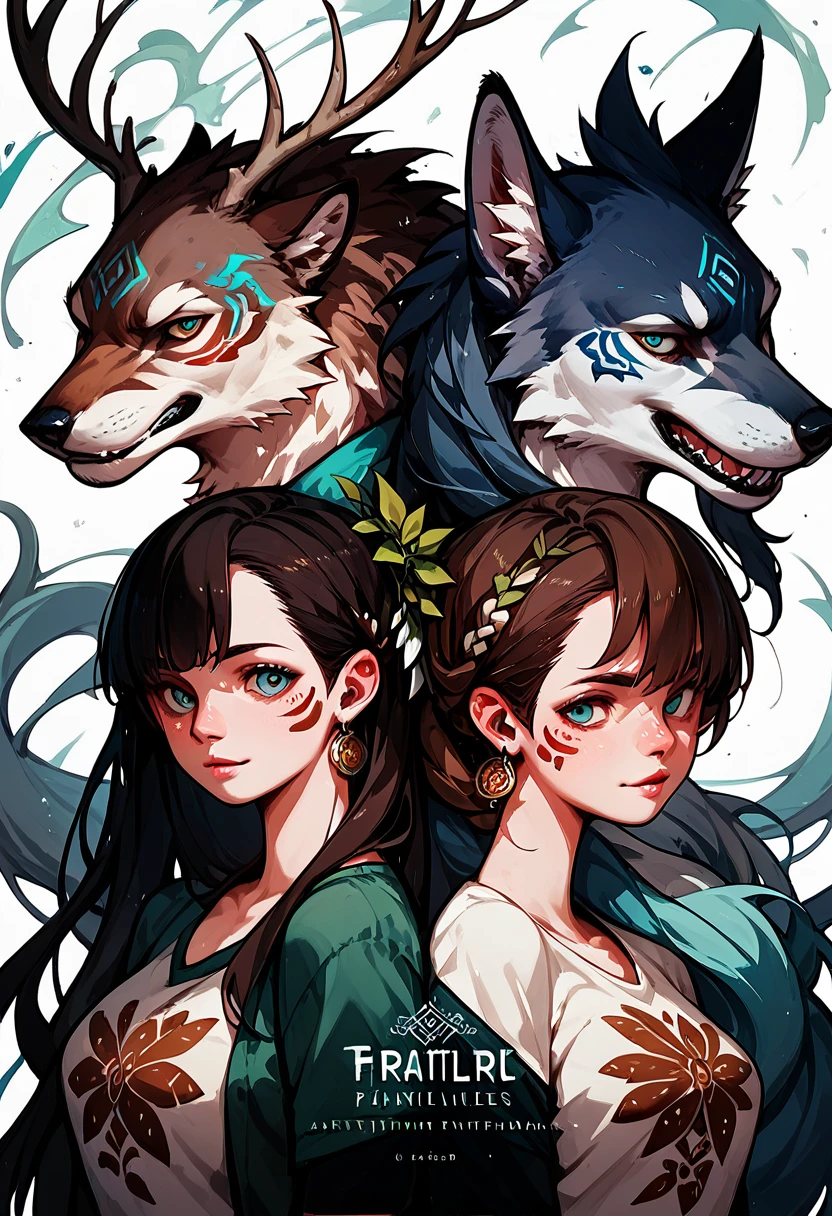 8k, cover_page, Tribal Spirit animals, A t-shirt design inspired by tribal art and folklore, featuring intricately detailed spirit animals such as wolves, The design incorporates geometric patterns and bold linework to create a striking and powerful composition, white background,