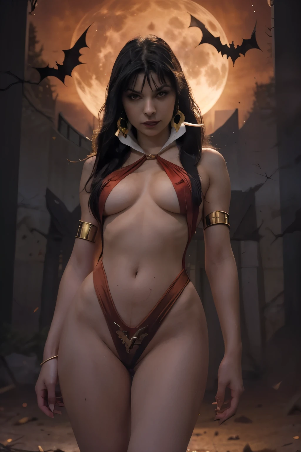 Hot vampirella wearing a deep V red swimsuit, hot Body ,  skin texture ,  realistic textures, sexy, camel toes, naughty, large perky , realistic, HDR, UHD, dynamic, front view, dark outside. moonlight, glowing red eyes. Full moon and bats background. 