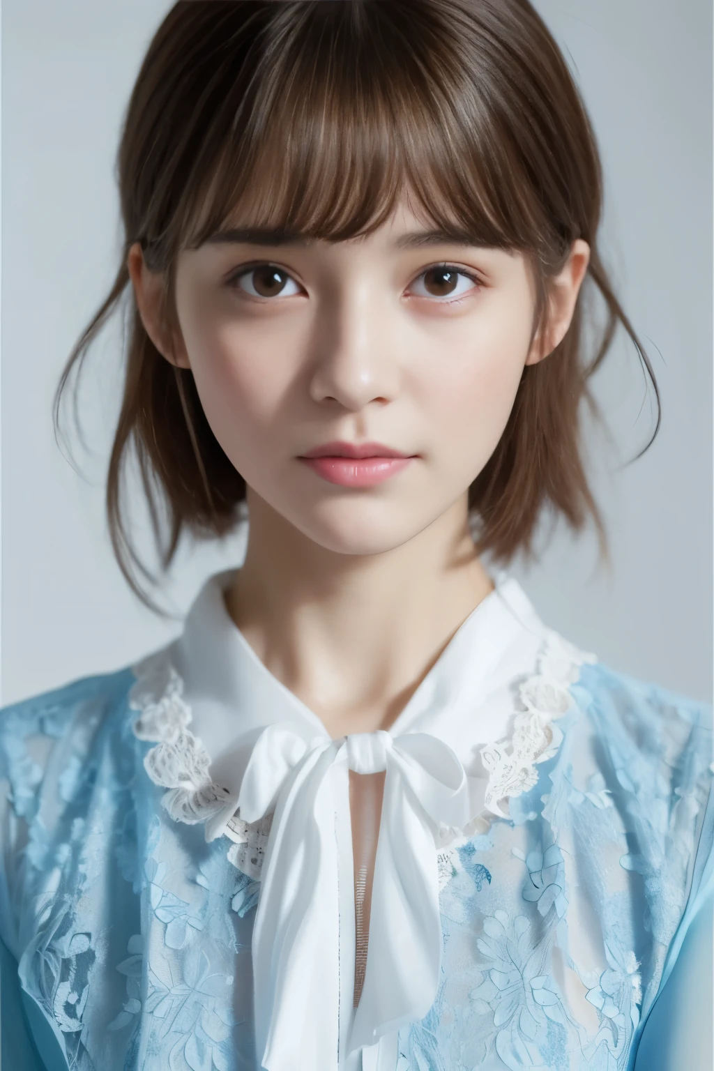 dressed, (photorealistic: 1.4), (hyperrealistic: 1.4), (realistic: 1.3), (smooth lighting: 1.05), (cinematic lighting quality improvement: 0.9), 32K, 1 girl, Japan woman, realistic lighting, backlit, face lights, ray tracking, (bright light: 1.2), (quality improvement: 1.4), ( Top quality realistic textured skin: 1.4), fine detailed eyes, detailed face, fine quality eyes, brown eyes, (tired, sleepy and satisfied: 0.0), blue floral white silk blouse with ruffles and lace, thin string ribbon tie, dark brown hair, short cropped bangs hanging on the forehead, small flower headband, one adult woman with a faint smile, (white background)