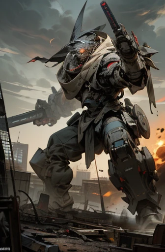A heavily armored, bulky robot is engaged in combat in a post-apocalyptic city. The robot has a rugged, industrial design with massive, reinforced limbs and thick armor plating. Its body is equipped with large mechanical parts and heavy weaponry, including a powerful cannon mounted on one arm and a shield on the other. The robot's eyes glow a menacing red, and its stance is aggressive and imposing. The city around it is in ruins, with collapsed buildings, crumbling walls, and debris littering the ground. Smoke and fire rise from various points, adding to the chaotic and desolate atmosphere. The robot is shown in the midst of a fierce battle, with explosions and energy blasts illuminating the dark, stormy sky. The scene conveys a sense of power and destruction, highlighting the formidable nature of the robot in this war-torn setting.HERO Robot,Armord Core style,masterpiece,best quality,super fine illustration,8k,