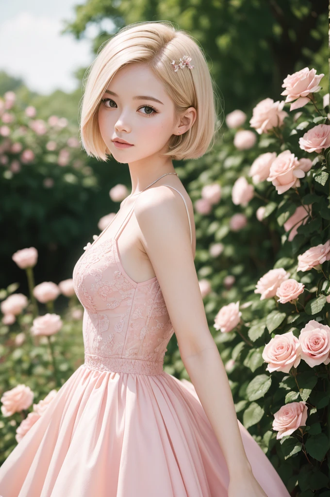 8k, CRU photo, Fujifilm, style photo of a beautiful young woman like Avril in a light pink rose garden (highly detailed skin: 1.2) Style-Petal BREAK short hair, blonde hair with colored highlights, wearing a dress, film grain, 35mm, cute style