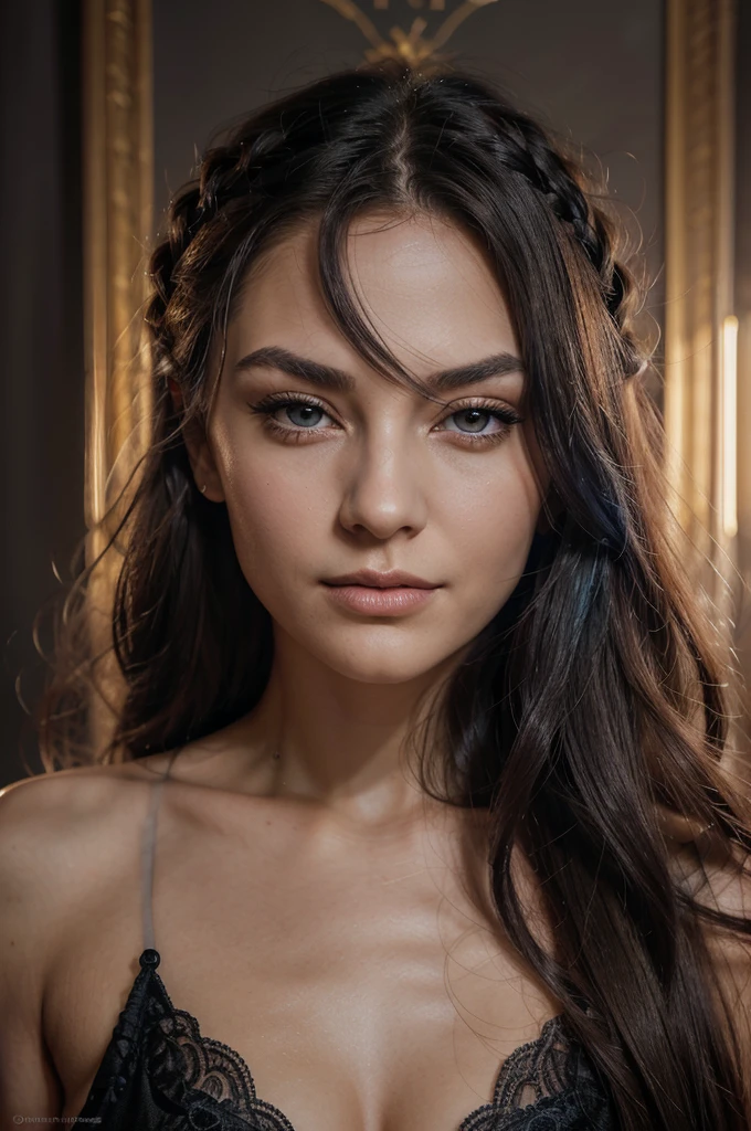 A girl with long blue hair. Her face is exquisite, with high cheekbones and smooth fair skin. Her large black eyes, framed by long thick eyelashes, are impressive and expressive, radiating calmness and confidence. Well-defined eyebrows curve gracefully above her eyes, adding intensity to her gaze. She has a small, straight nose and full, slightly parted lips that curve into a slight smile, revealing hints of mischief and allure. Her sharp, well-defined jawline gives her face a refined and elegant appearance. Create an image of a vtuber, long gray hair with a braid, violet eyes, low-cut black dress with gold details, centered, symmetry, painted, intricate, volumetric lighting, beautiful, rich deep colors masterpiece, sharp focus, ultra detailed, in the style of Dan Mumford and Marc Simonetti, astrophotography