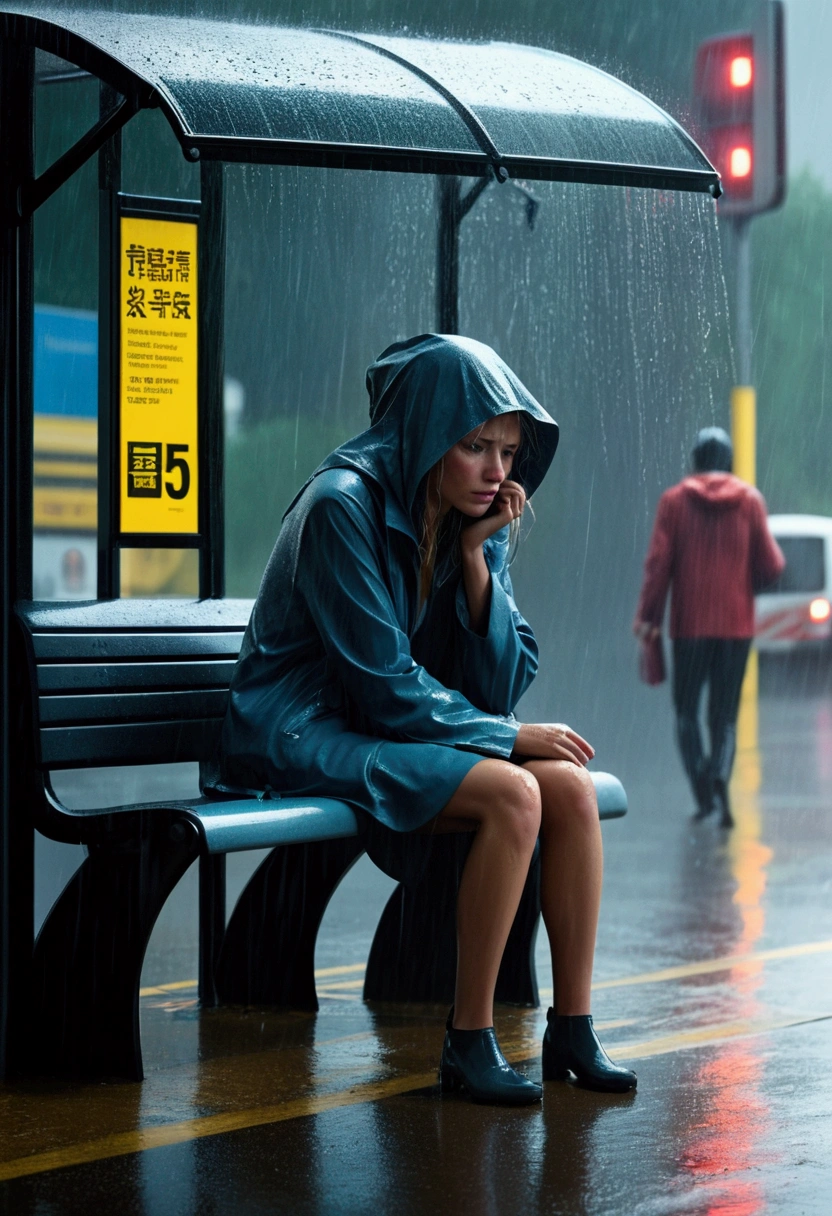 A soaked woman takes shelter from the rain at a bus stop.