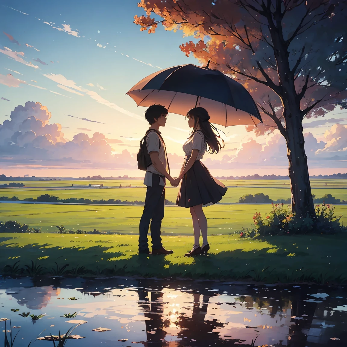 A romantic couple standing together on a grassy plain, holding a red umbrella. The man and woman embrace each other tenderly, looking into each other's eyes with love and affection. The scene is set against a backdrop of a vast open landscape, with a beautifully clouded sky above. The lush green grass in the foreground stretches out, providing a soft and natural base for the scene. The image has a slightly painterly effect, with the colors appearing vibrant and soft, reminiscent of an anime or watercolor painting. The overall atmosphere is serene and romantic, capturing a tender moment between the couple.

The focus is on the couple, with the background slightly blurred, adding depth to the composition. The photograph is taken from a wide perspective, making the couple appear far away, and capturing a broad view of the sky and landscape. This wide-angle approach emphasizes the expansive beauty of the surroundings, highlighting the vast, cloud-filled sky and the rolling grassy fields, enhancing the dreamy and romantic ambiance of the scene