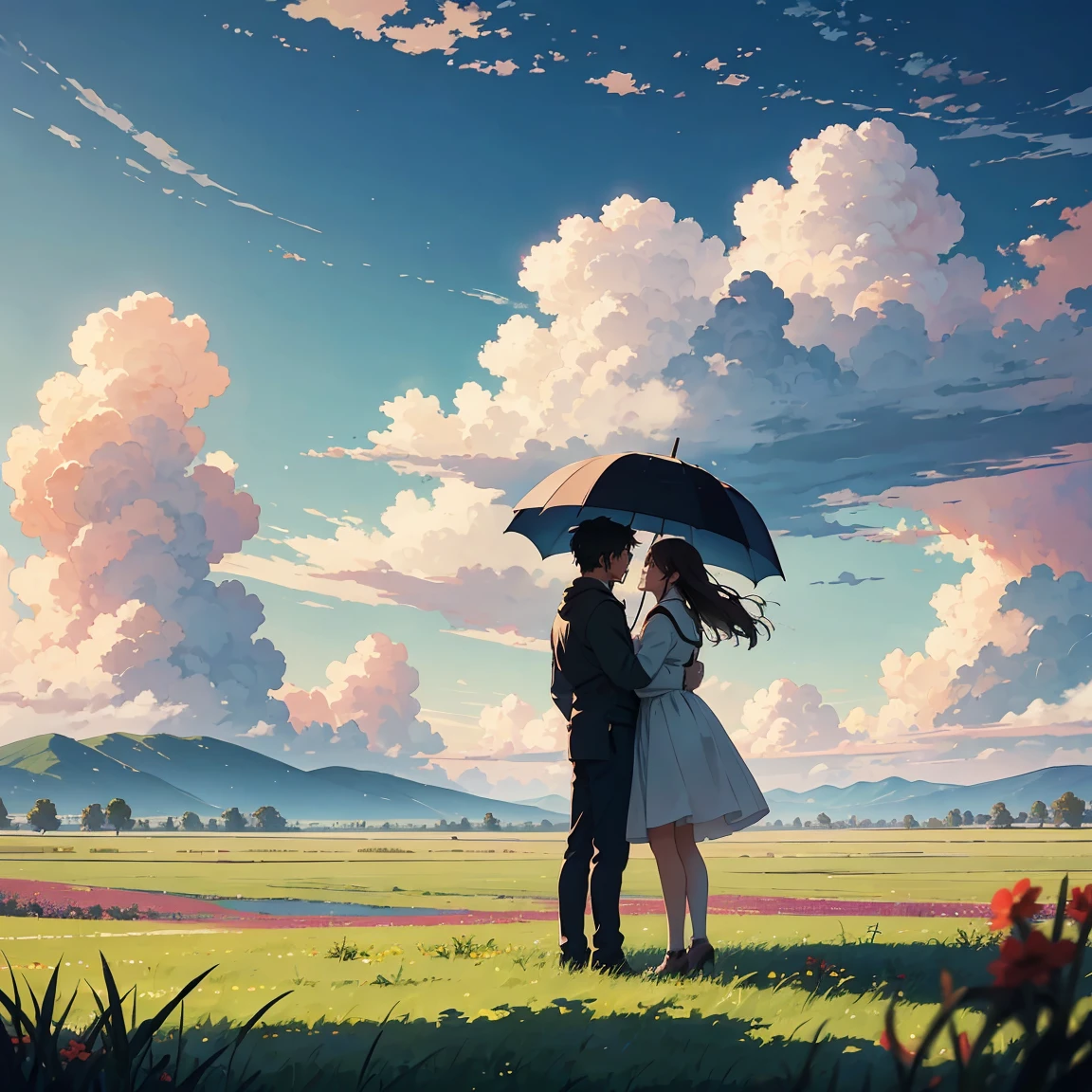 A romantic couple standing together on a grassy plain, holding a red umbrella. The man and woman embrace each other tenderly, looking into each other's eyes with love and affection. The scene is set against a backdrop of a vast open landscape, with a beautifully clouded sky above. The lush green grass in the foreground stretches out, providing a soft and natural base for the scene. The image has a slightly painterly effect, with the colors appearing vibrant and soft, reminiscent of an anime or watercolor painting. The overall atmosphere is serene and romantic, capturing a tender moment between the couple.

The focus is on the couple, with the background slightly blurred, adding depth to the composition. The photograph is taken from a wide perspective, making the couple appear far away, and capturing a broad view of the sky and landscape. This wide-angle approach emphasizes the expansive beauty of the surroundings, highlighting the vast, cloud-filled sky and the rolling grassy fields, enhancing the dreamy and romantic ambiance of the scene