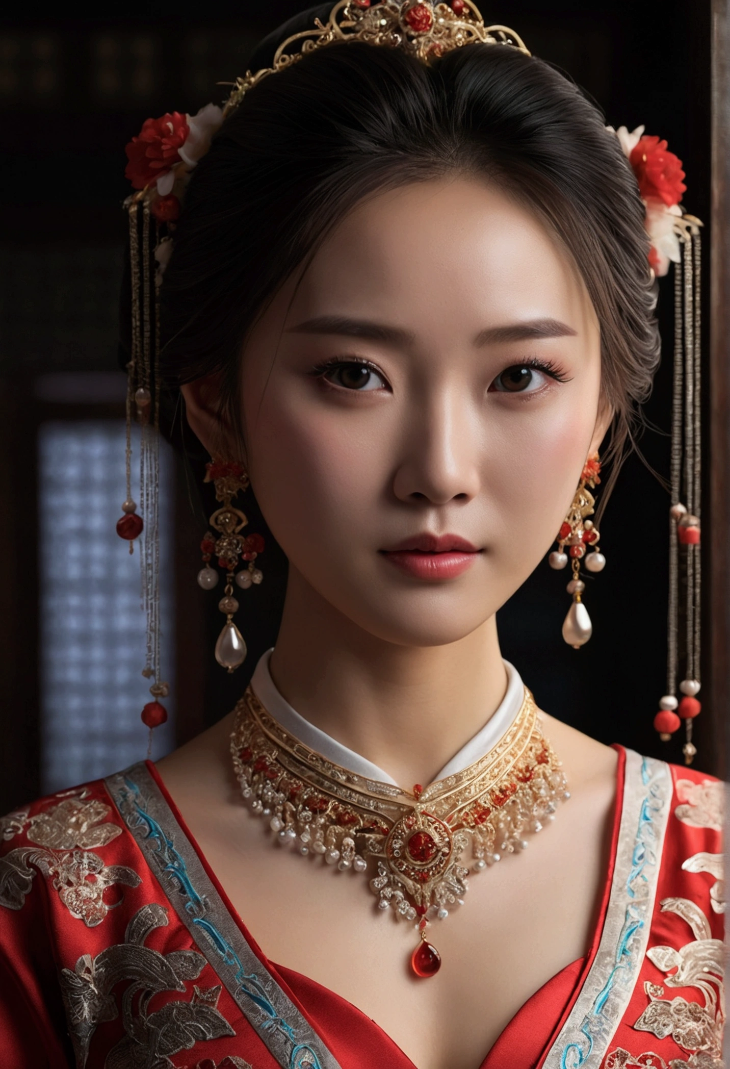 Best quality, Masterpiece, High accuracy, 1girl,Chinese wedding dress,Hair decoration,necklace, jewelry,Beautiful Face,on_Body, Tyndall effect,Realistic, Dark studio, Edge lighting, Two-tone lighting,(Highly detailed skin:1.2), 8 k uhd, dslr, Soft lighting, High quality, Volumetric lighting, Clear., picture, High accuracy, 4K, 8 k, sad
