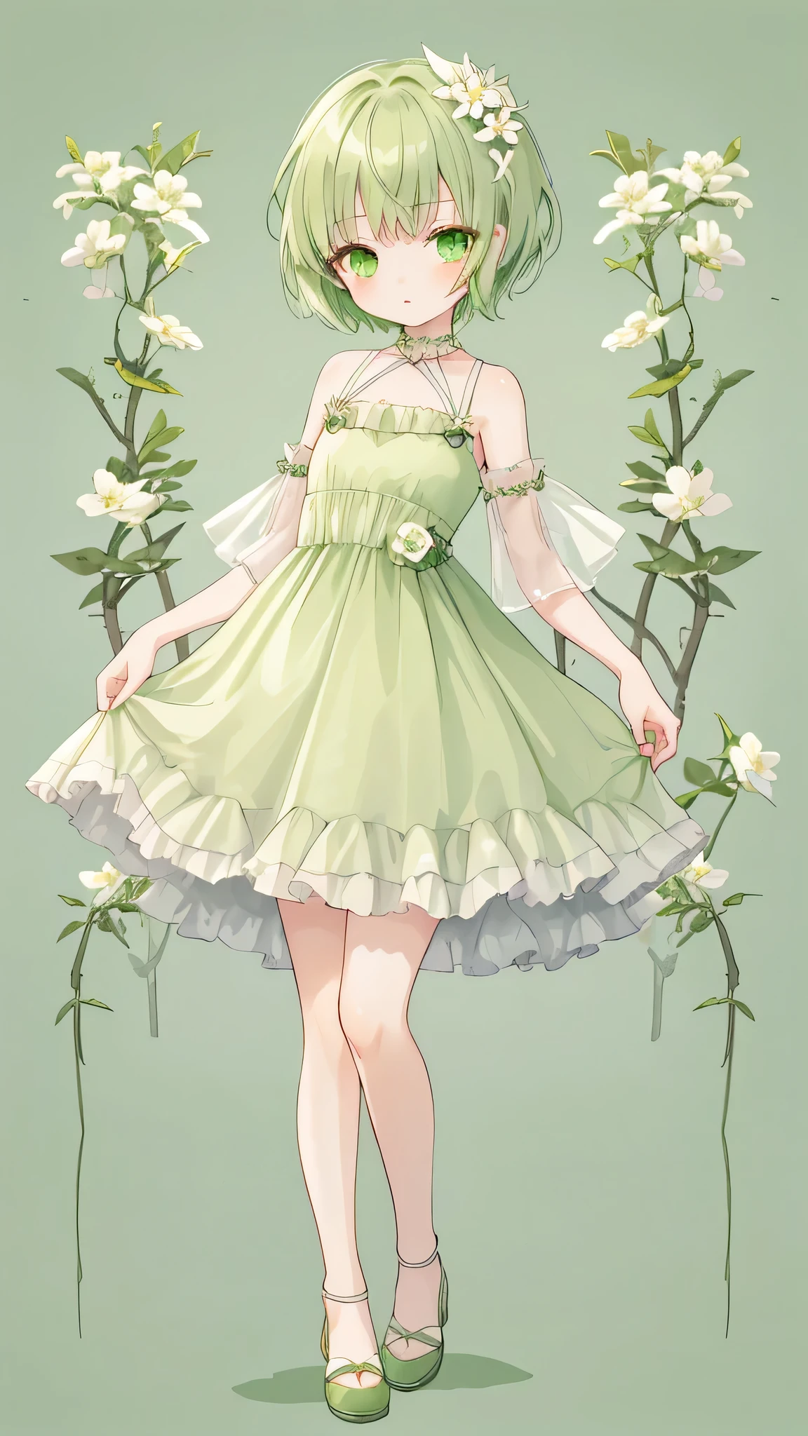 Green short hair girl full body picture, Green eyes, Small white flower hair accessories , Green dress , Short stature