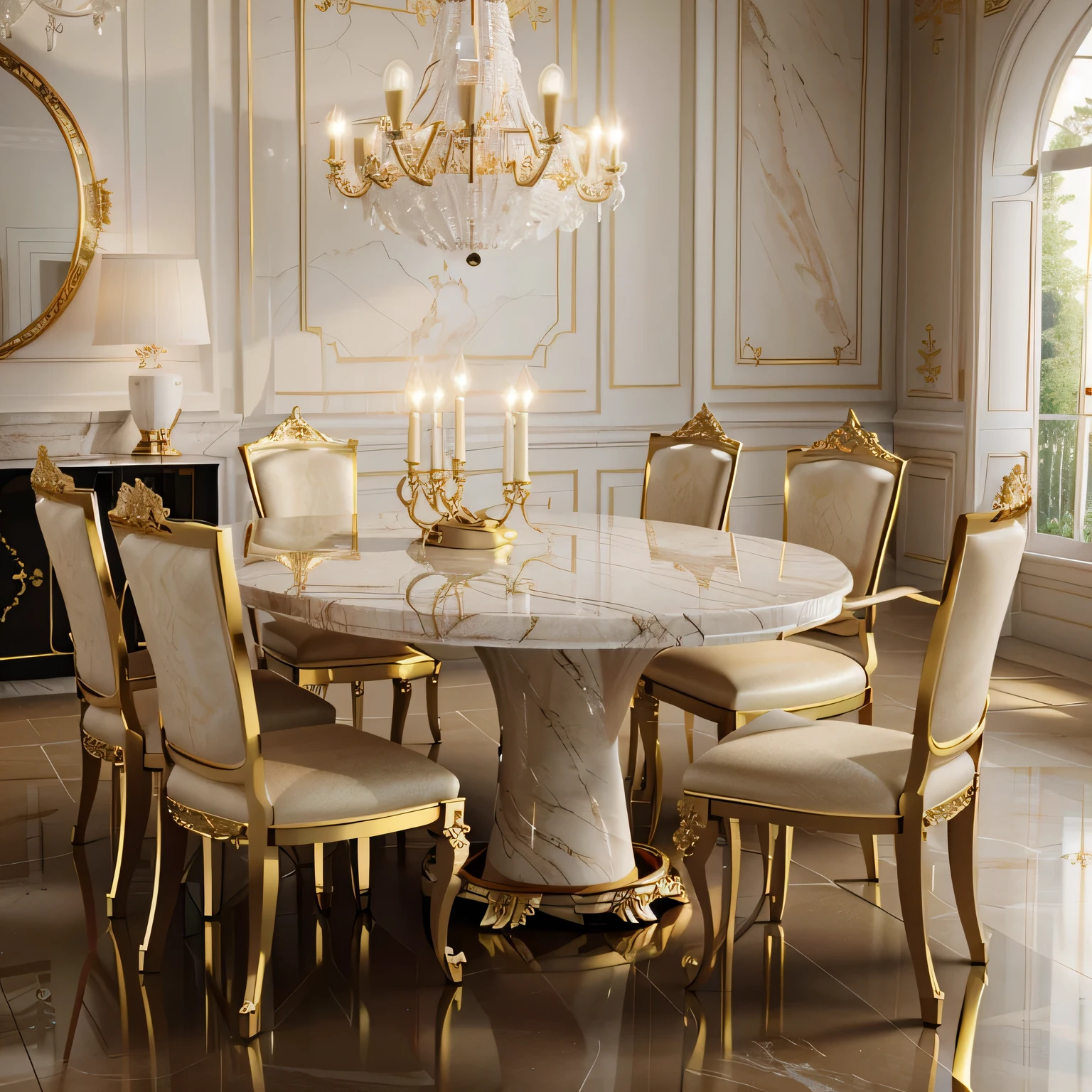 there is a large dining table with chairs and a chandelier, elegant baroque, elegant render, luxury furniture, elegant and refined, neoclassical style, high quality render, directoire style, white elegant baroque design, baroque marble and gold in space, elegant furniture, magnificent design, high quality 3 d render, high quality 3d render, barocco, exquisite aristocratic, extremely realistic, detailed