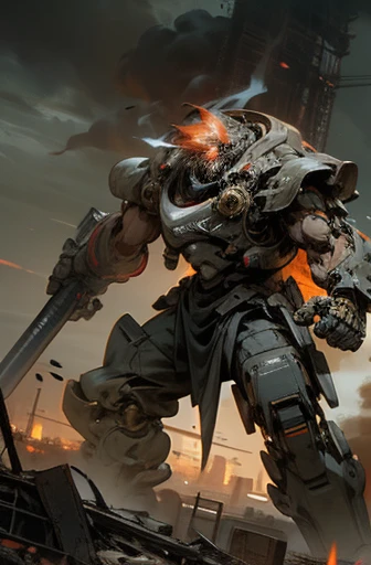 A heavily armored, bulky robot is engaged in combat in a post-apocalyptic city. The robot has a rugged, industrial design with massive, reinforced limbs and thick armor plating. Its body is equipped with large mechanical parts and heavy weaponry, including a powerful cannon mounted on one arm and a shield on the other. The robot's eyes glow a menacing red, and its stance is aggressive and imposing. The city around it is in ruins, with collapsed buildings, crumbling walls, and debris littering the ground. Smoke and fire rise from various points, adding to the chaotic and desolate atmosphere. The robot is shown in the midst of a fierce battle, with explosions and energy blasts illuminating the dark, stormy sky. The scene conveys a sense of power and destruction, highlighting the formidable nature of the robot in this war-torn setting.HERO Robot,Armord Core style,masterpiece,best quality,super fine illustration,8k,Break the robot is dashing forward.
