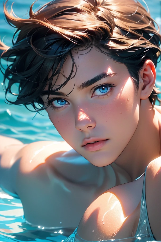 a young man swimming in the ocean with colorful fish,dark brown hair,tan,light water,blue,shorts,very light blue eyes,long eyelashes,shell,coral,(best quality,4k,8k,highres,masterpiece:1.2),ultra-detailed,(realistic,photorealistic,photo-realistic:1.37),hyper detailed,highly detailed,vibrant colors,dramatic lighting,underwater scene