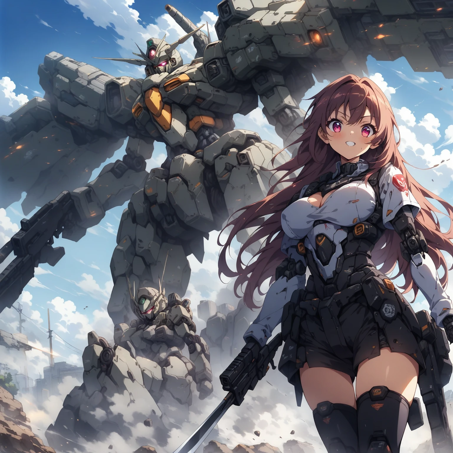 score_9, score_8_up, score_7_up, source_anime,masterpiece, best quality, high resolution, extremely detailed CG, absurdres, highres, a mecha girl holding a sword in front of a giant mech with a large blade, 1girl, weapon, mecha, robot, holding weapon, holding, gun, long hair, holding gun, glowing, sky, thighhighs, cloud, science fiction, outdoors, floating hair,1girl, solo, cleavage, thighs, looking at viewer, mecha musume,neondskdrmsxl, cool face,(SuperQuality:1.2)