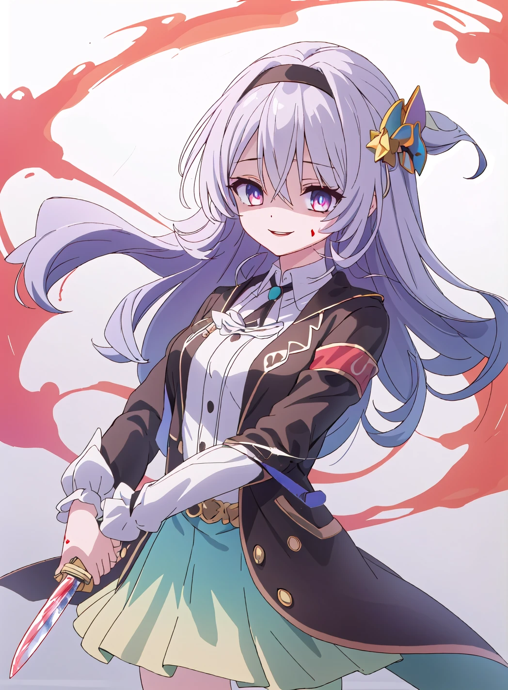 Masterpieces,wallpaper,high resolution,One girl, fire Fly,Black knee socks, hair band, Gradient Skirt, hair ornaments, blouse, Ruffled collar, Cropped jacket,Detailed eyes,intense closeup sho,(((Holding a knife)))),blood,Blood on clothes,Close your eyes,smile,(shaded face:1.4),Bloody knife,Yandere